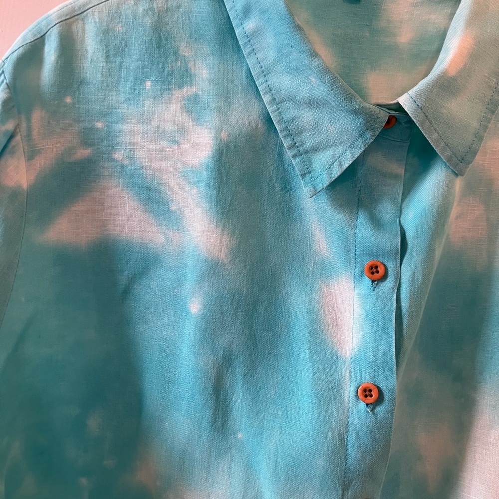 Tyler Boe Turquoise Blue Tie-Dye Button-Down Linen Shirt L - Picture 9 of 10